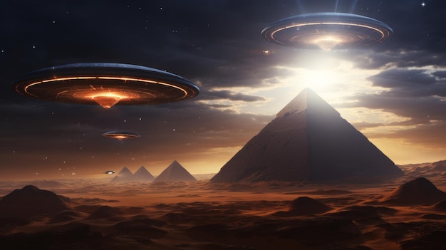 Flying saucer coming out from clouds on pyramids neural network ai generated