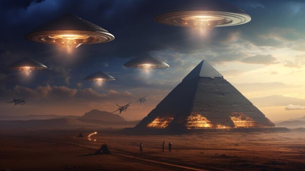 Flying saucer coming out from clouds on pyramids neural network ai generated