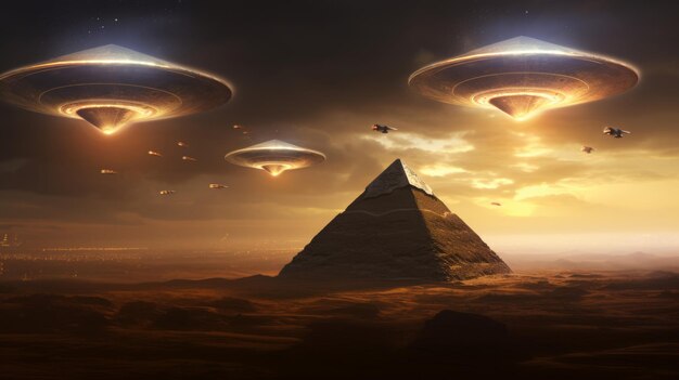 Flying saucer coming out from clouds on pyramids neural network ai generated