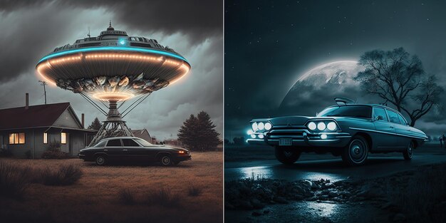 Photo flying saucer flying over farm at night alien ship in farm generative ai