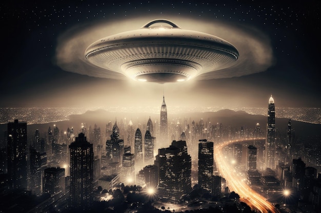 Flying saucer flying over night city alien spaceship in night city AI