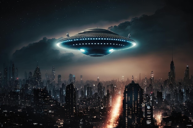 Flying saucer flying over night city alien spaceship in night city AI