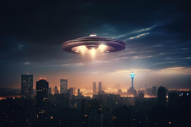 夜の街の上空を飛ぶ空飛ぶ円盤 UFOの襲来 エイリアンの誘拐 ジェネレーティブAIで作成