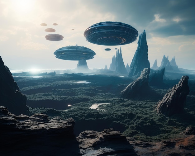 Flying saucers soaring in the air over the rocky landscape Spiky mounts sticking out of lush green forests Grey cloudy sky at backdrop Generative AI