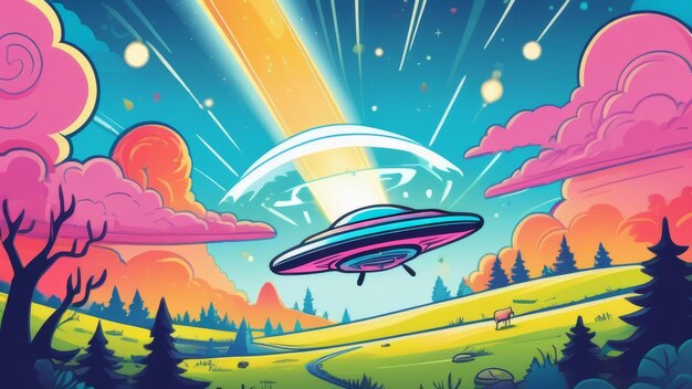 Летающие тарелки UFO над полем на закате иллюстрация