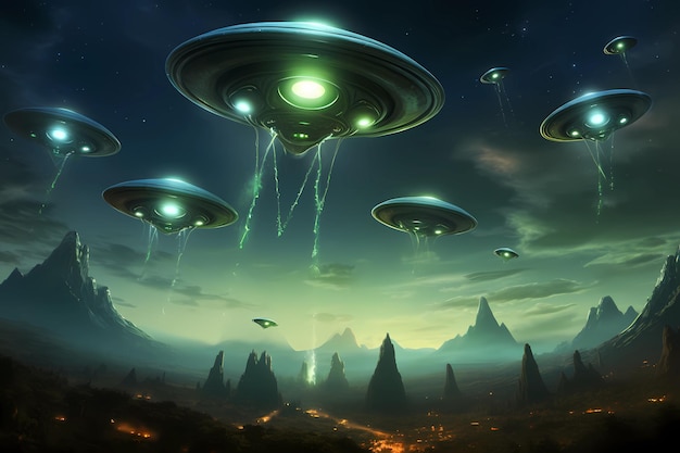 Flying saucers on an uninhabited planet Alien invasion Group of spaceships takes off from