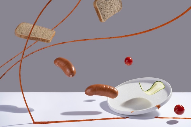 Photo flying sausages and bread and ketchup on a gray background