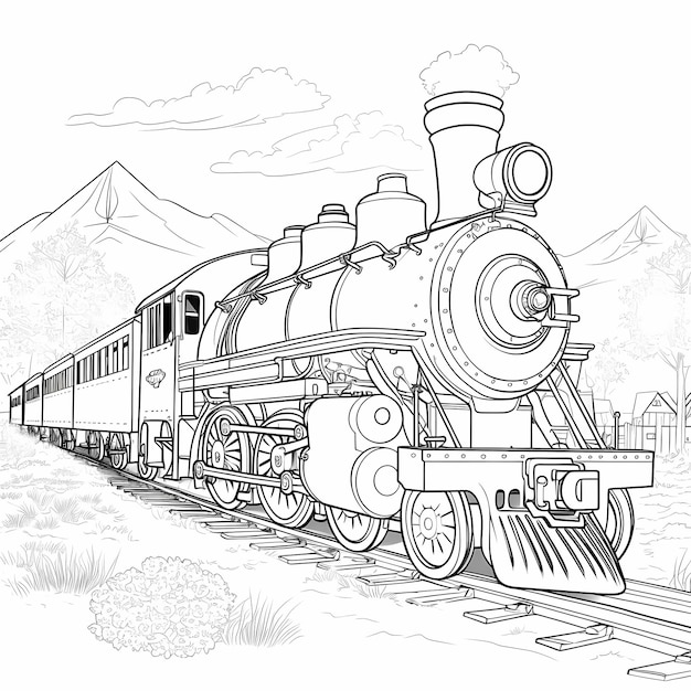 Photo flying scottsman train engine black and white coloring page for kids