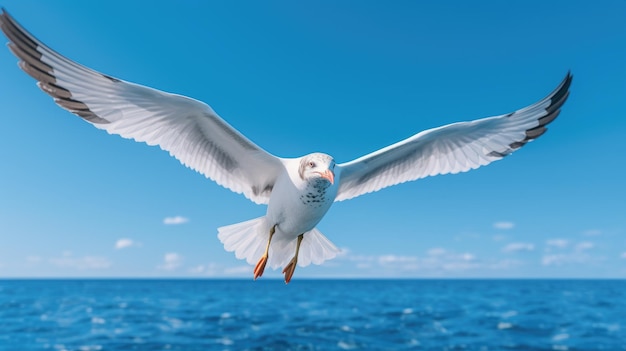 Летающая чайка на голубом небе