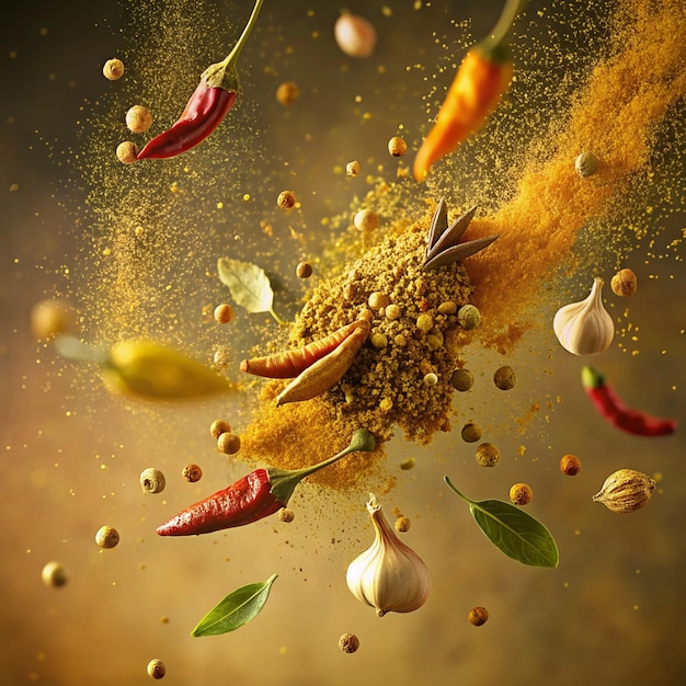 Flying set of colorful spices peppers chili garlic laurel leaf and herbs in the air