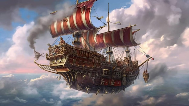 A flying ship is flying in the sky.