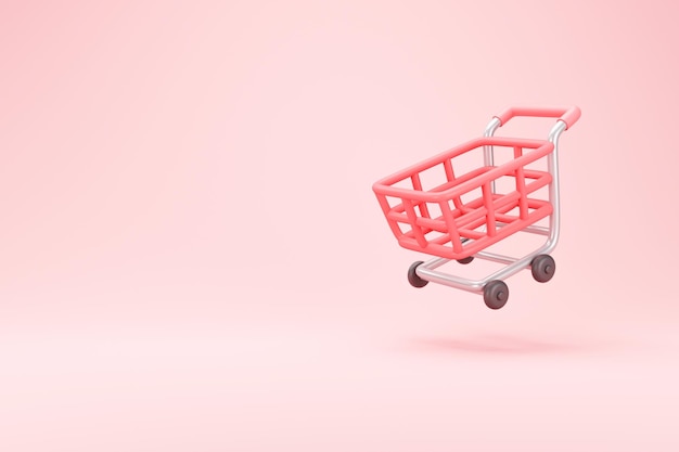 Photo flying shopping cart on a pink background shopping trolley 3d illustration