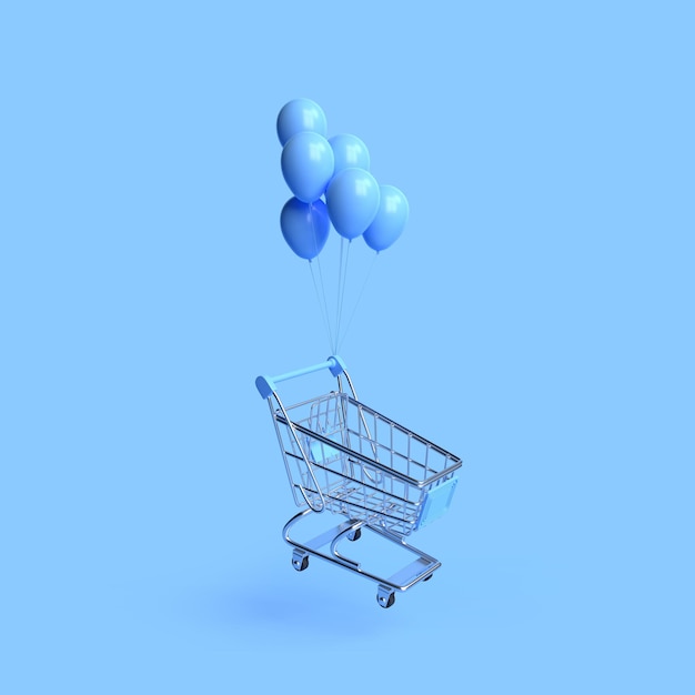 青色の背景に風船を持つ空飛ぶショッピング カート ショッピング トロリー食料品プッシュ カート 3 D レンダリング