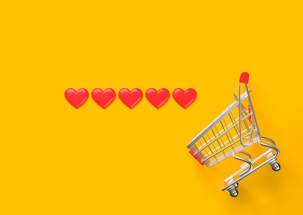 Flying shopping cart with hearts on a yellow background shopping trolley grocery push cart 3d render