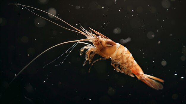 Flying shrimps in water on dark background Creative design of seafood cooking
