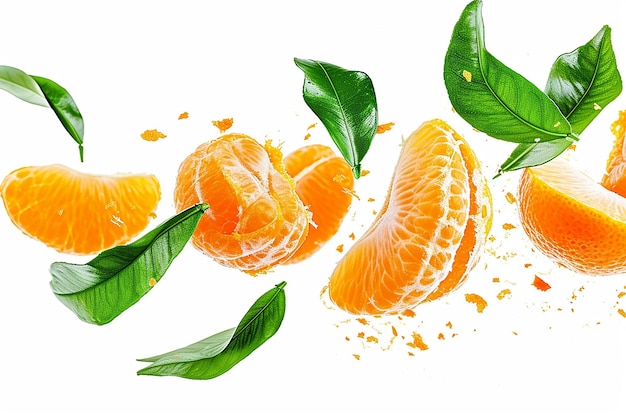 Flying Sliced Mandarine with Peeled Clementine and Green Leaves Isolated on White Background Created