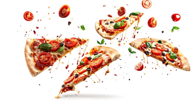 Photo flying slices of tasty pizzas on white background