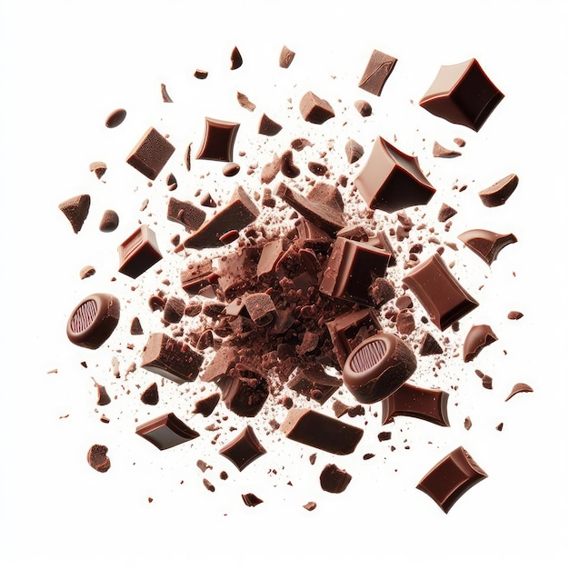 Photo flying small chocolate crumbs and pieces isolated on a white background