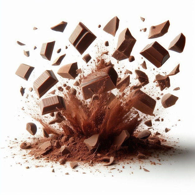 Flying small Chocolate crumbs and pieces isolated on a white background