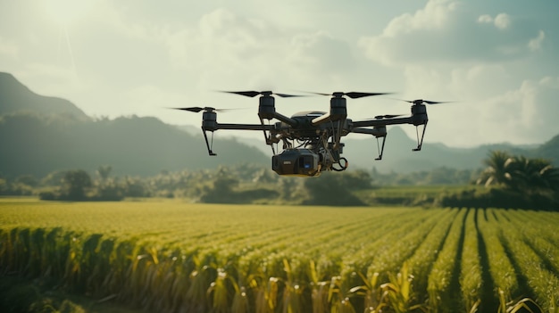 Flying smart agriculture drone in sky rural aerial