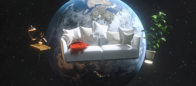 Flying sofa and furniture in weightlessness in space with View of the planet Earth 3D rendering elements of this image furnished by NASA