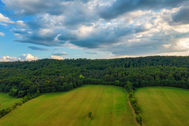 Flying over some golden fields and green forests Germany