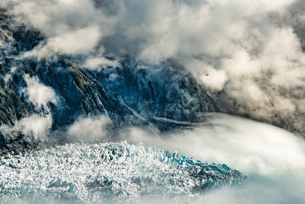 Flying over a southern alps glacier in a helicopter