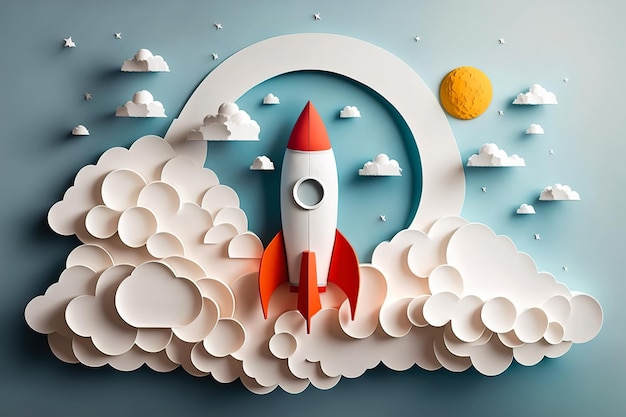 Flying space rocket against the sky paper cutout Generative ai