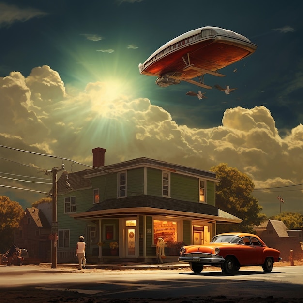 a flying spaceship in the style of Edward Hopper wallpaper