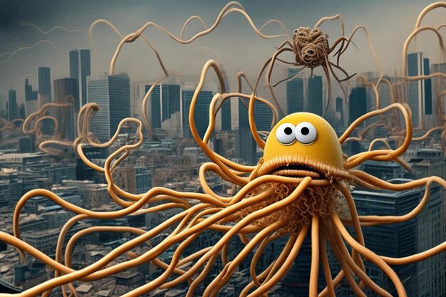 Flying spaghetti monster attacks a city