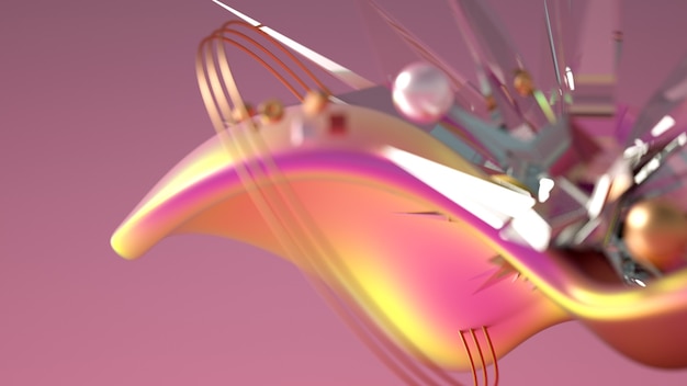 Flying spheres and crystals in motion 3d rendering