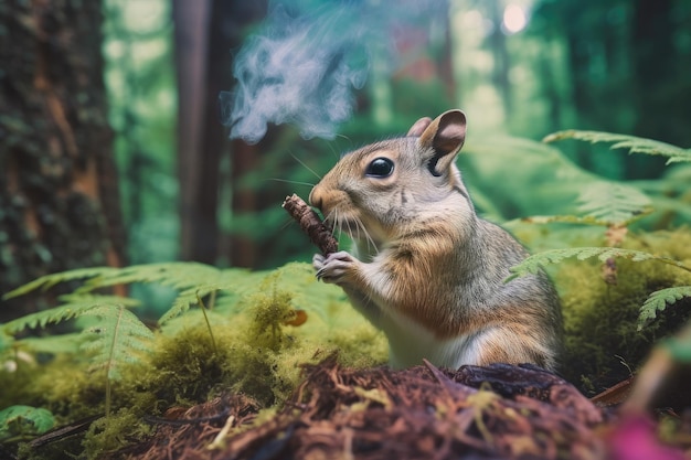 Flying squirrel smoking ganja in peaceful forest setting created with generative ai