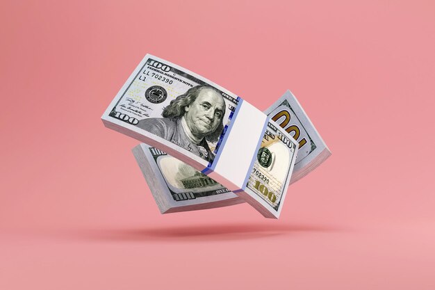 Flying Stack of Dollar Bills on pink studio background