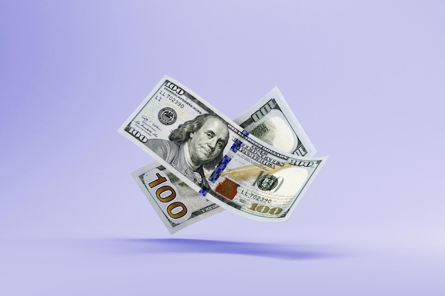 flying stack of dollar bills on studio background