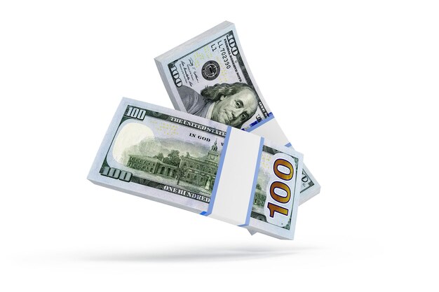 flying stack of dollar bills on white background