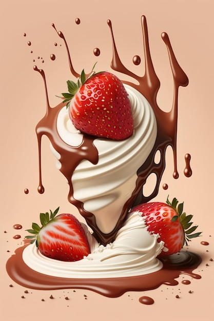 Photo flying strawberries with splash liquid chocolate and whipped cream