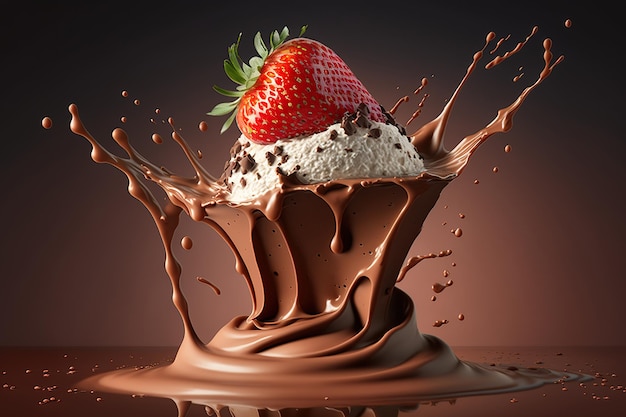 Flying strawberries with splash liquid chocolate and whipped cream