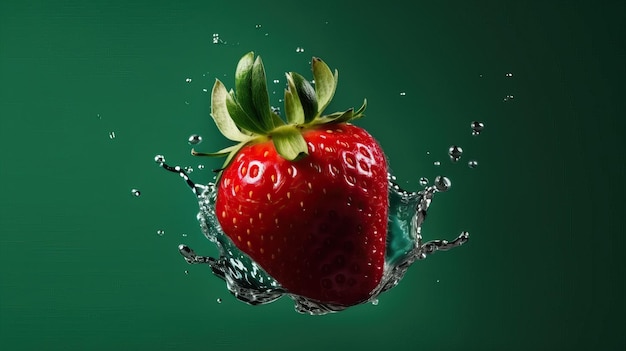 Flying Strawberry Water Splash Effect Green Background Fresh Fruit Generative AI
