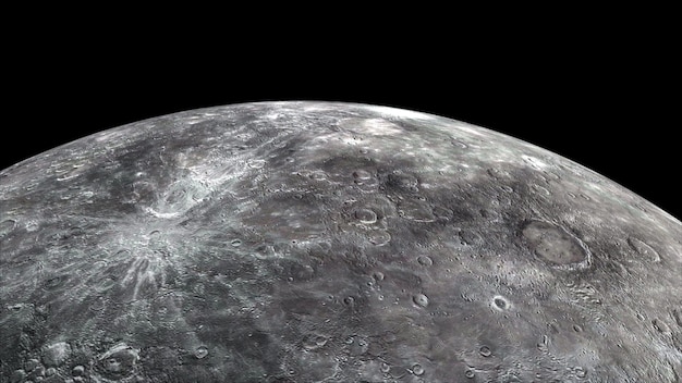 Flying over the surface of the planet Mercury computer generated 3d rendering of realistic scientific background Elements of this image are presented by NASA