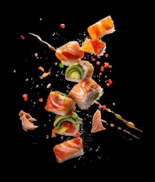 Flying sushi pieces on black background