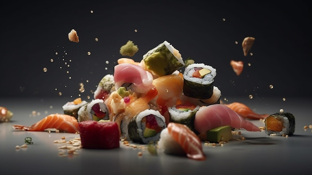 Flying sushi with flying ingredients on black backgroundgenerative ai