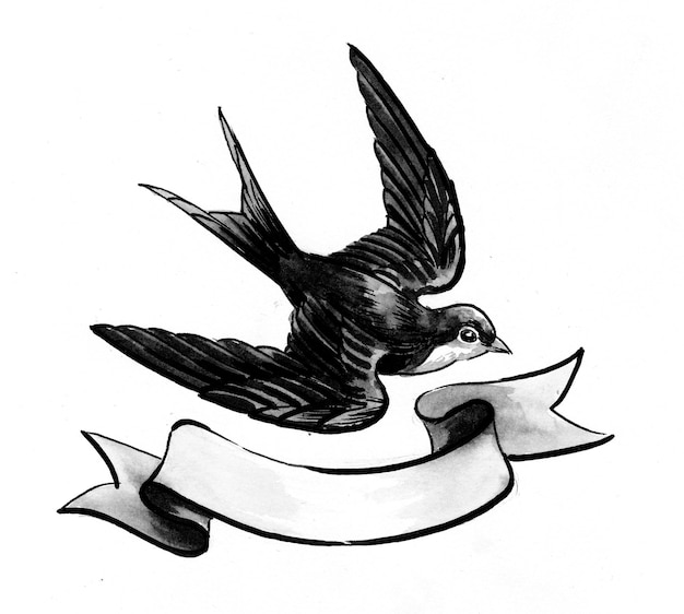 Photo flying swallow bird carrying a blank banner. ink black and white drawing