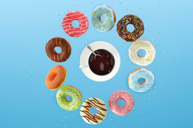 Летающие сладкие цветные пончики и белая чашка кофе на синем фоне. Концепция завтрака.
