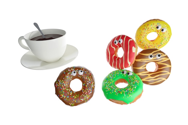 Flying sweet colored donuts and a white cup of coffee on a white background. Break concept. Isolated. 3d illustration