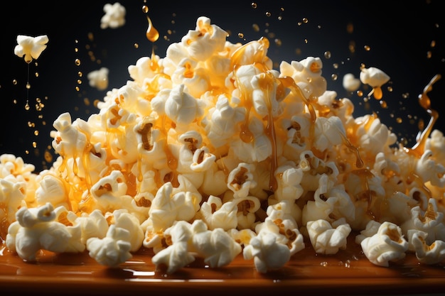 Flying tasty caramelized popcorn with syrup on dark background