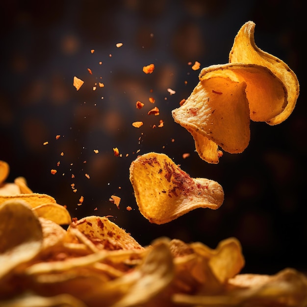 Flying tasty potato chips on the dark background generative ai