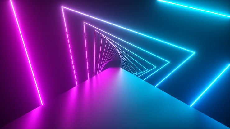 Photo flying through glowing rotating neon triangles creating a tunnel