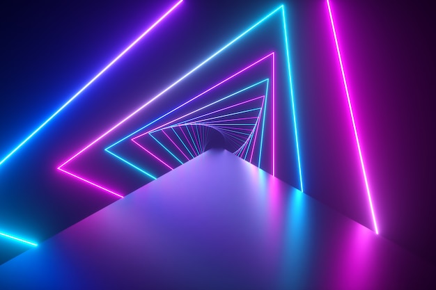Photo flying through glowing rotating neon triangles creating a tunnel