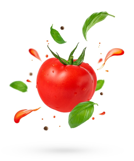 Flying tomato with splashes and basil leaves on white background