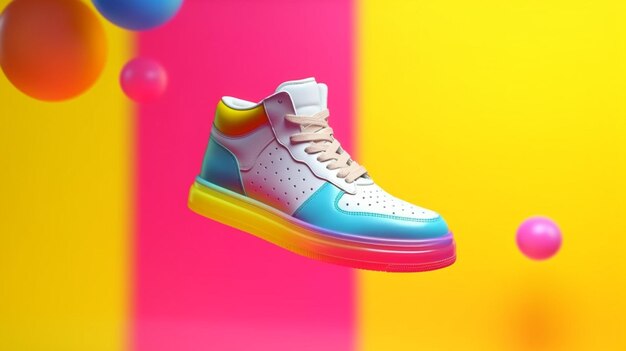 Flying trendy sneakers on creative colorful background generative ai